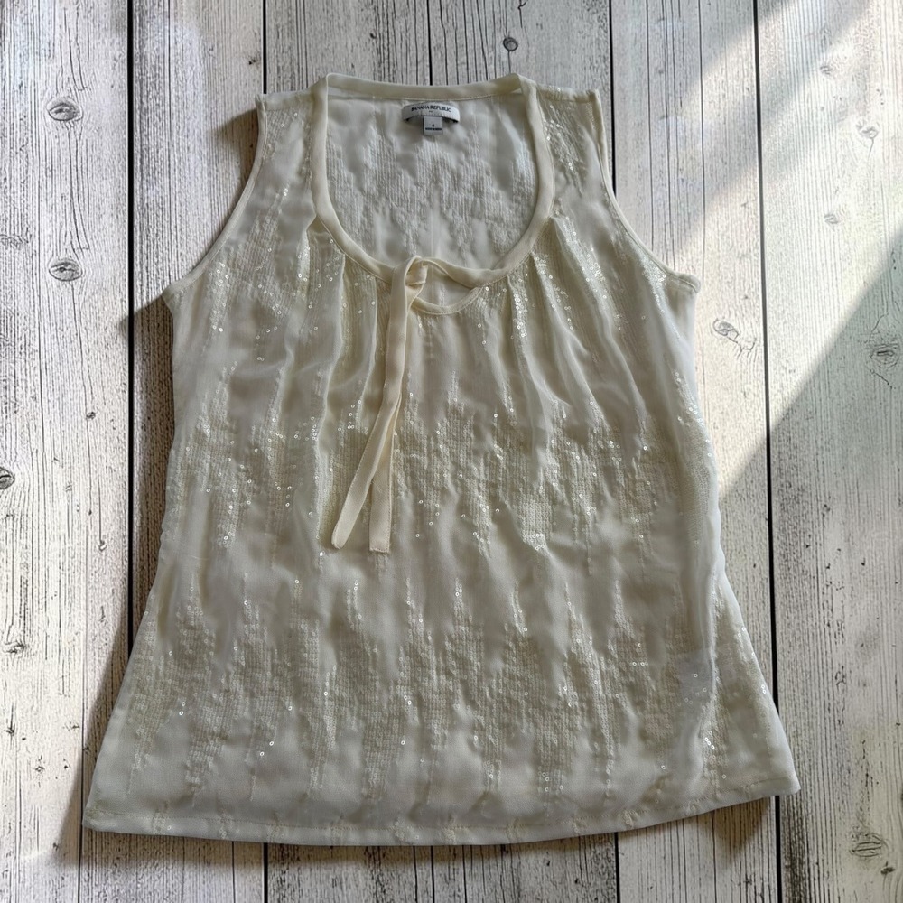 Banana Republic Womens Cream Sequin‎ Sleeveless Tie Neck Blouse Top Size S